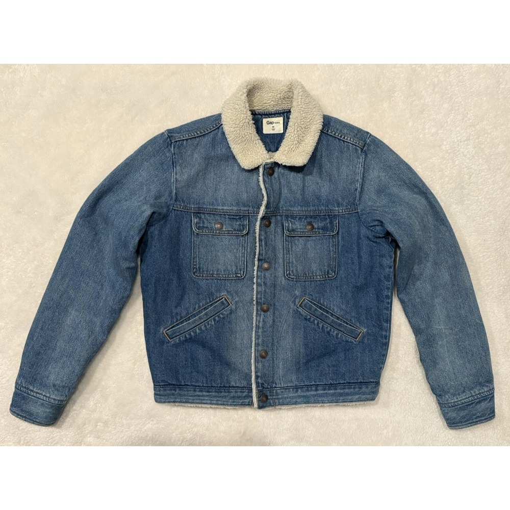 GAP Women's Denim Sherpa Lined Jacket Sz XS‎ Cotton Snap Pockets Y2K Trucker EUC
